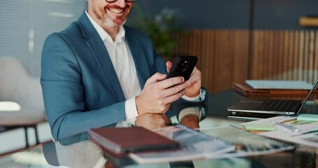 Poster - Office, hands and businessman with smartphone for chat, accountant and email for audit report. Career, mature person and auditor with mobile for communication, financial research and investment app