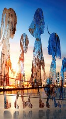 Poster - Inspirational Double Exposure Concept of Family Silhouettes Against a Vibrant Skyline at Sunset Capturing Connection and Creativity