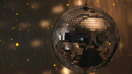 Poster - Mirrored disco ball spinning in dimly lit party scene, projecting floating golden bokeh lights