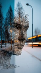 Poster - Inspiring Creative Concept of Double Exposure with a Faceless Human Figure Surrounded by Trees and Moving Traffic in a Winter Setting