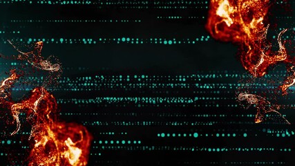 Poster - Turquoise-green dots streaming over dark field, with red and orange particles swirling in 3D render