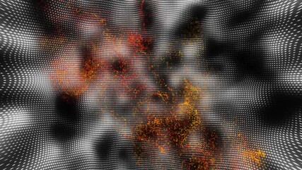 Poster - abstract wave surface being visualized in 3D render, with white dot grid and glowing particles