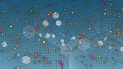 Poster - Animating colorful particle cluster radiating streaks, with floating hexagons and dotted blue grid