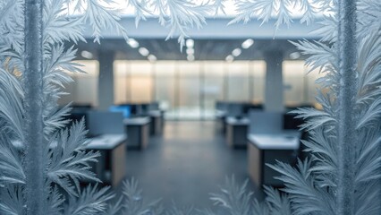 Poster - Frosted glass frames a modern office interior, with blurred workspaces and natural light creating a serene workplace atmosphere.
