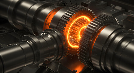Poster - Complex Metal Gears System Rotating with Glowing Orange Center in Dark Industrial Setting