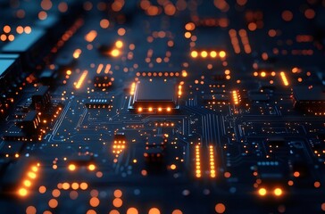Aufkleber - 暗い背景にオレンジ色の光を放つ電子回路基板のクローズアップ
