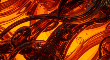 Poster - Complex Orange and Black Abstract 3D Render with Intricate Geometric Shapes and Flowing Lines