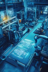 Aufkleber - 未来的な青色の工場内部の俯瞰図 ロボットアームと機械が並ぶ先進的なデジタル世界