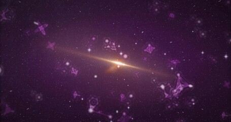 Wall Mural - bright golden galaxy disk being animated in cosmic scene, with radiant beam, purple network overlay