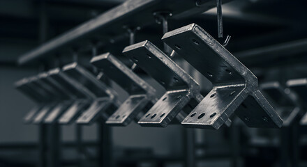Poster - Metal Steel Brackets Hanging in a Row at an Industrial Manufacturing Plant with Gray Background and Shallow Depth of Field
