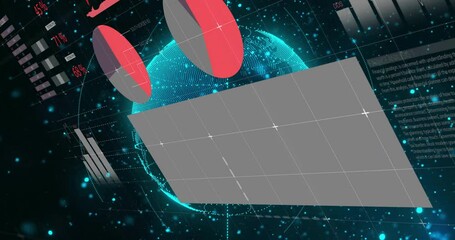 Poster - Large tilted grey grid panel being displayed with glowing 3D globe, floating pie and bar charts