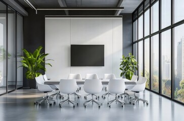 Aufkleber - 近代的な会議室のインテリア 白い椅子とテーブル 都市の景色を望む大きな窓 植物と洗練されたデザイン