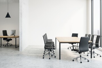 Poster - Modern office interior with meeting room and work desk separated by wall in light minimalist corporate setting with large windows and city view.