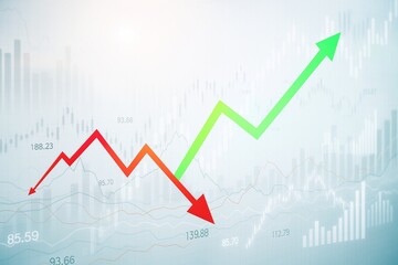 Fototapete - Financial chart with red and green arrows showing market decline and growth on digital background with stock data and bar graphs.