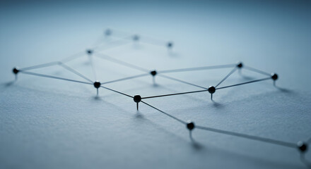 Poster - Abstract Network Connection of Pins and Lines on Paper in Soft Blue Tones Showing Interconnected Business Structure Concept