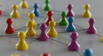 Poster - Abstract Network Connection with Multicolor Wooden Figures on White Background Representing Business Teamwork and Global Leadership