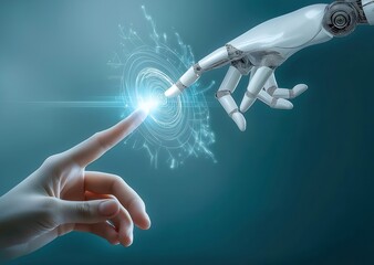 Poster - 青い背景にロボットの手と人間の手が触れ合う未来的なシーン 輝く光とエネルギーがコミュニケーションとテクノロジーを象徴する