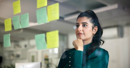 Aufkleber - Woman, thinking and planning by glass board for project strategy, ideas and sticky note for agenda. Schedule, brainstorming and storyboard with information, vision and research for inspiration