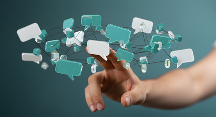 Poster - Conceptual Digital Communication Network with Floating Speech Bubbles and a Hand Interacting in a Blurred Background