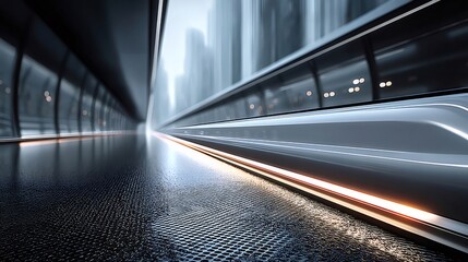 Poster - 未来都市のメタリックトンネル内高速鉄道車両の抽象的な視点 光と影による幾何学的なデザイン