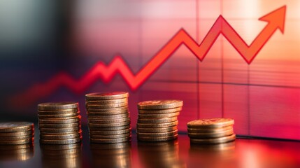 Poster - Stacks of gold coins increase in height with a red arrow trending upwards on a chart in the background, representing financial growth and investment success