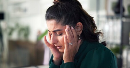 Poster - Office, businesswoman and hands with headache for stress, tension and burnout for project. Workplace, female person and consultant with massage temple for pain, brain fog and mistake at work