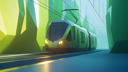 Aufkleber - 緑色の未来都市電車が線路を走行し周りは幾何学的な緑の構造物と青い背景