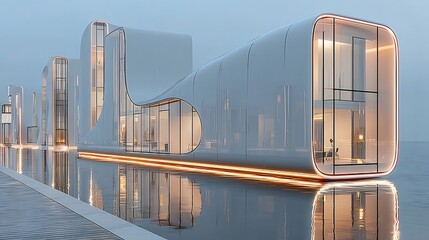 Aufkleber - 未来的な白い建築デザイン 水面に映る洗練された幾何学構造と光の反射