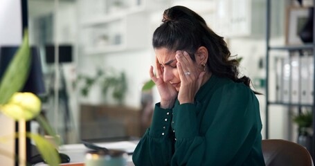 Poster - Office, businesswoman and hands with headache for burnout, tension and stress for project. Workplace, female person and consultant with massage temple for pain, brain fog and mistake at work