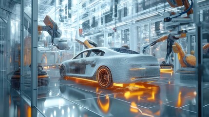 Aufkleber - 未来的な自動車製造工場内部の光景 車体とロボットアーム 鮮やかな青とオレンジの照明 未来的な技術と産業の風景