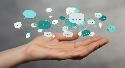Poster - Open Hand Presenting Connected Turquoise Speech Bubbles Over a Faded White Background Representing Digital Communication Network