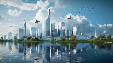 Poster - 未来都市の景観 水面に反射する青空と雲 風力発電と太陽光発電のエネルギー源 近未来的な高層ビル群
