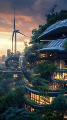 Poster - 夕焼け空の下 未来都市の緑豊かな建築 風力発電と自然の融合 現代的デザイン