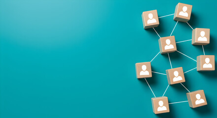 Poster - Wooden Cubes Forming a People Network on a Teal Background Symbolizing Team Connection and Community