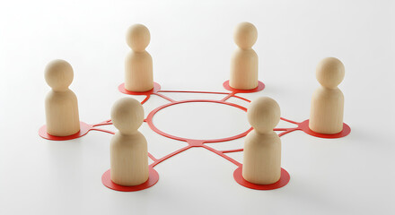 Poster - Wooden Figures Connected by Red Lines Illustrating a Networking Concept on White Background