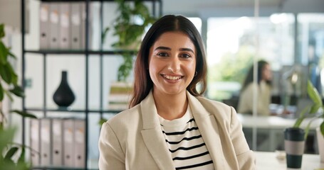 Poster - Business, woman and professional portrait in office for about us, mission and creative employee. Confident, smile and female editor with career pride, future growth or opportunity in publishing
