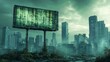 © Satya - Post-apocalyptic city billboard, overgrown ruins, dystopian landscape, environmental disaster, future scenario