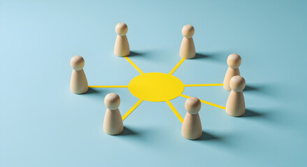 Poster - Wooden Peg Figures Linked by Yellow Lines on Light Blue Background Symbolizing Business Network
