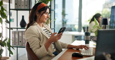 Poster - Businesswoman, smartphone notification and computer in office for communication, news and job post. Recruiter, mobile technology and resume research in workplace for onboarding and online vacancy