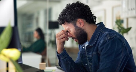 Poster - Man, headache or pain in office for burnout, overworked and deadline stress at creative agency. Pressure, migraine and overwhelmed with design project fail, business crisis or mistake with brain fog