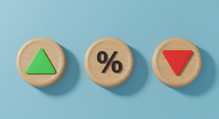 Poster - Interest Rate Icons on Blue Background Featuring Percentage Arrows Up and Down