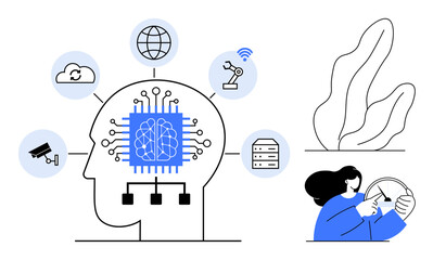 Poster - human silhouette with a microchip brain connected to icons thumbs up cloud, data storage, robotics, 