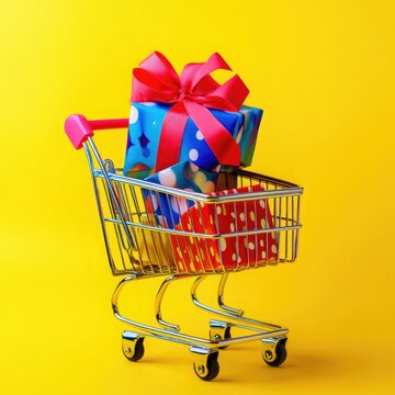 A lively celebration theme with a shopping cart and colorful present on a radiant yellow background