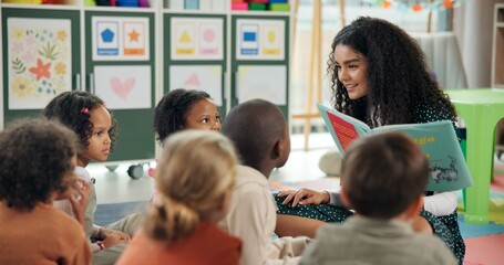 Aufkleber - Reading, students and teacher with children in classroom for education, books and creative. Growth, kindergarten and academy with woman and kids at school for youth, knowledge and child development