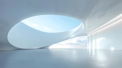 Aufkleber - 白い現代建築デザイン 曲線形状の窓と青空 背景に未来的な空間