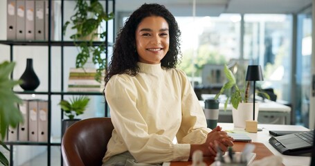Poster - Professional, woman and portrait at desk in office for about us, mission and creative employee. Confident, smile and female editor with career pride, future growth or opportunity in publishing