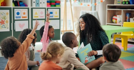 Aufkleber - Reading, question and teacher with children in classroom for education, books and creative. Growth, kindergarten and academy with woman and kids at school for youth, hands raised or child development