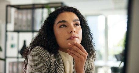 Aufkleber - Business woman, thinking or ideas in office for professional vision, inspiration or corporate mindset. Insight, decision or choice for reflection with solution or future perspective for career