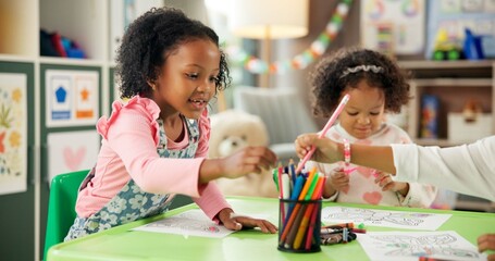 Aufkleber - Creative, kindergarten and drawing with girl in classroom for child development, artwork and color project. Friends, academy and growth with students at school for knowledge, learning and education