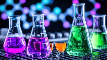 Poster - A group of colorful laboratory flasks filled with various liquids creating a vibrant scientific display